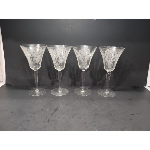 Morgantown Glass Water Goblets, Vtg Etched Chintz Clear Glass, Uranium Set of 4 - Picture 3 of 11
